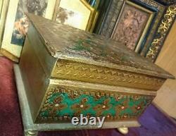 #10 Antique Music Jewelry Accessory Case Made Of Wood Gold Golden Green