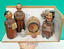 1950s Music Box ANRI Carved Wood MONK Corkscrew Bottle Opener Stopper Bar Set