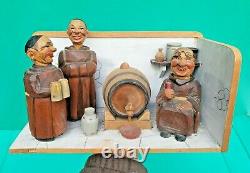 1950s Music Box ANRI Carved Wood MONK Corkscrew Bottle Opener Stopper Bar Set