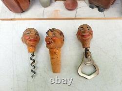 1950s Music Box ANRI Carved Wood MONK Corkscrew Bottle Opener Stopper Bar Set