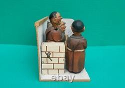 1950s Music Box ANRI Carved Wood MONK Corkscrew Bottle Opener Stopper Bar Set