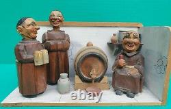 1950s Music Box ANRI Carved Wood MONK Corkscrew Bottle Opener Stopper Bar Set