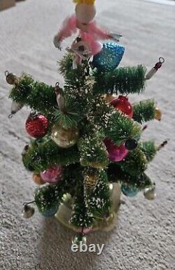 1960 Bottle Brush Christmas Tree Music Box Mercury Glass Ornaments Wood Base