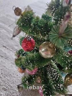 1960 Bottle Brush Christmas Tree Music Box Mercury Glass Ornaments Wood Base