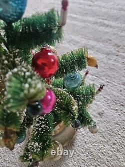 1960 Bottle Brush Christmas Tree Music Box Mercury Glass Ornaments Wood Base