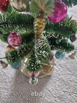 1960 Bottle Brush Christmas Tree Music Box Mercury Glass Ornaments Wood Base