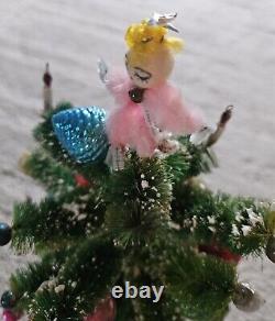 1960 Bottle Brush Christmas Tree Music Box Mercury Glass Ornaments Wood Base