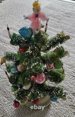 1960 Bottle Brush Christmas Tree Music Box Mercury Glass Ornaments Wood Base