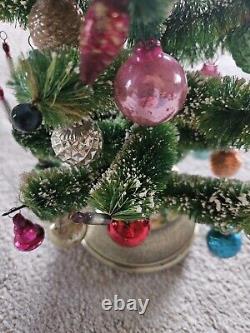 1960 Bottle Brush Christmas Tree Music Box Mercury Glass Ornaments Wood Base