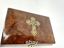 $677 Remarkable SANKYO 30 Note Cross Inlay Musical Jewelry Box inlaid wood withkey