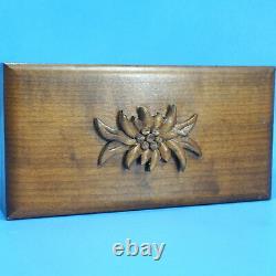 7 Antique Swiss Wood Carved Jewelry MUSIC BOX EDELWEISS Flower Relief c1900