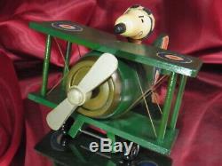 70's Vintage Peanuts SNOOPY Wood carving Music Box Flying Ace Biplane Figure