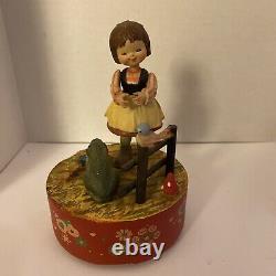 ANRi Carved Wood Music Box Girl With Frog