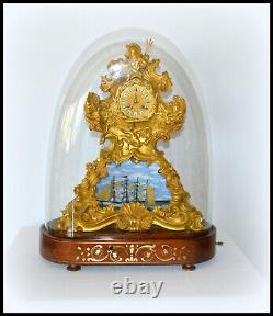 ANTIQUE FRENCH MUSICAL ROCKING SHIP AUTOMATON MUSIC BOX CLOCK withGLASS DOME