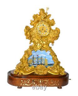 ANTIQUE FRENCH MUSICAL ROCKING SHIP AUTOMATON MUSIC BOX CLOCK withGLASS DOME