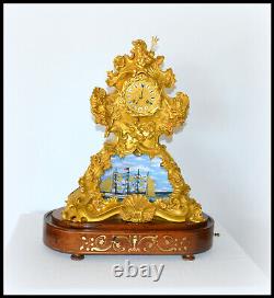 ANTIQUE FRENCH MUSICAL ROCKING SHIP AUTOMATON MUSIC BOX CLOCK withGLASS DOME