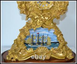 ANTIQUE FRENCH MUSICAL ROCKING SHIP AUTOMATON MUSIC BOX CLOCK withGLASS DOME