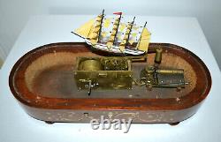 ANTIQUE FRENCH MUSICAL ROCKING SHIP AUTOMATON MUSIC BOX CLOCK withGLASS DOME