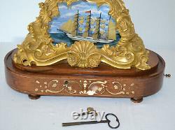 ANTIQUE FRENCH MUSICAL ROCKING SHIP AUTOMATON MUSIC BOX CLOCK withGLASS DOME