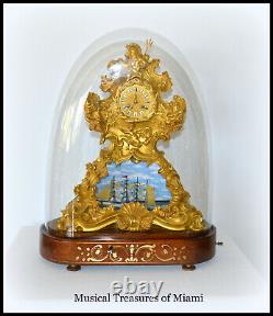 ANTIQUE FRENCH MUSICAL ROCKING SHIP AUTOMATON MUSIC BOX CLOCK withGLASS DOME