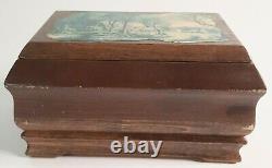 ANTIQUE Music Jewelry Box Wood HANDMADE GERMAN BAVARIAN CURRIER IVES RARE 7X4X4