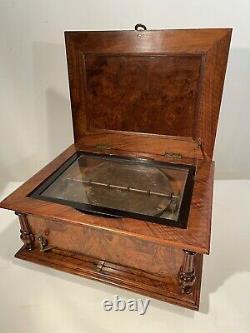 ANTIQUE SYMPHONION DISC MUSIC BOX WITH 12 DISC 19.5x15x10 Working Burled Wood