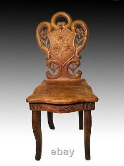 Antique 19th c Black Forest Wooden Carved Walnut Childs Music Box Chair 26