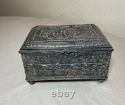 Antique 19th century footed ornate silverplate wood Swiss cylindrical music box
