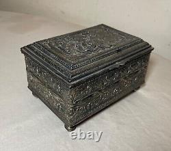 Antique 19th century footed ornate silverplate wood Swiss cylindrical music box