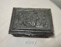 Antique 19th century footed ornate silverplate wood Swiss cylindrical music box