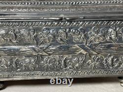 Antique 19th century footed ornate silverplate wood Swiss cylindrical music box
