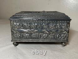 Antique 19th century footed ornate silverplate wood Swiss cylindrical music box