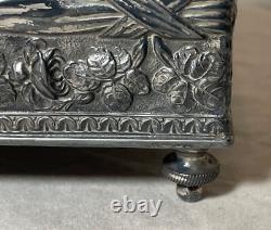 Antique 19th century footed ornate silverplate wood Swiss cylindrical music box