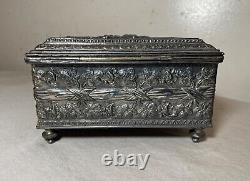 Antique 19th century footed ornate silverplate wood Swiss cylindrical music box