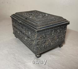 Antique 19th century footed ornate silverplate wood Swiss cylindrical music box
