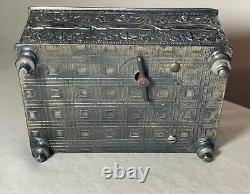 Antique 19th century footed ornate silverplate wood Swiss cylindrical music box