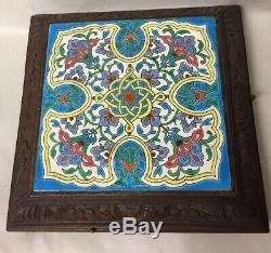 Antique 4 Airs Majolica Tile Trivet Carved Wood Music Box