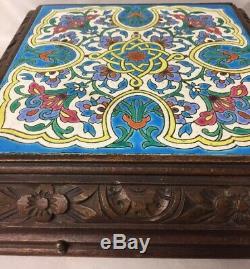 Antique 4 Airs Majolica Tile Trivet Carved Wood Music Box