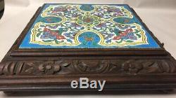 Antique 4 Airs Majolica Tile Trivet Carved Wood Music Box