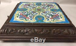 Antique 4 Airs Majolica Tile Trivet Carved Wood Music Box