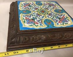 Antique 4 Airs Majolica Tile Trivet Carved Wood Music Box