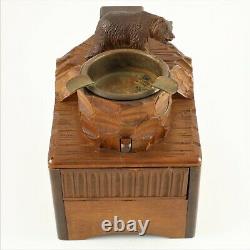 Antique Black Forest wood carved Swiss Bear statue music box ashtray Onyx Eyes