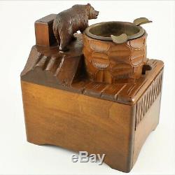 Antique Black Forest wood carved Swiss Bear statue music box ashtray Onyx Eyes