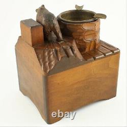 Antique Black Forest wood carved Swiss Bear statue music box ashtray Onyx Eyes