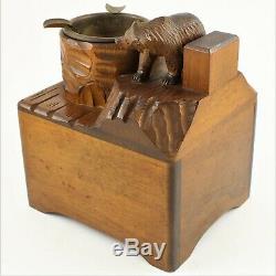 Antique Black Forest wood carved Swiss Bear statue music box ashtray Onyx Eyes