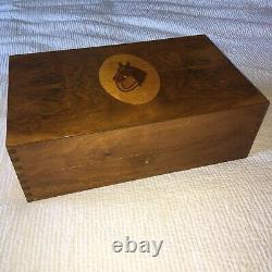 Antique Burl Wood Top Dresser Box Inlaid Horse Top Music Box w Fitted Interior