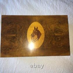 Antique Burl Wood Top Dresser Box Inlaid Horse Top Music Box w Fitted Interior