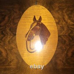 Antique Burl Wood Top Dresser Box Inlaid Horse Top Music Box w Fitted Interior