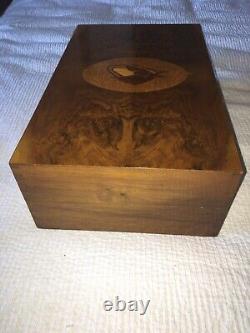 Antique Burl Wood Top Dresser Box Inlaid Horse Top Music Box w Fitted Interior