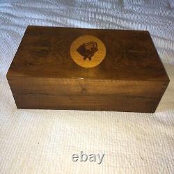 Antique Burl Wood Top Dresser Box Inlaid Horse Top Music Box w Fitted Interior